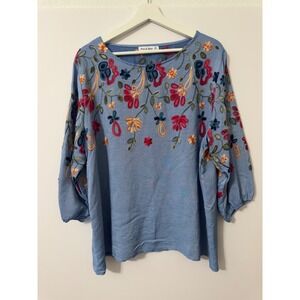 Ana & Rose Floral Embroidered Blouse 2X Blue Boho 3/4 Sleeve Peasant Summer